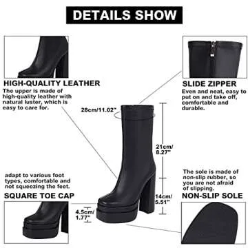 VOMIRA Platform Mid Calf Boots for Women Square Toe High Heel Go Go Boots Black Chunky Heel Slide Zip Platform Boots