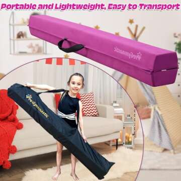 PreGymnastic Folding Balance Beam for Kids 3-12-Foldable Gymnastics Floor Beam- 8FT/9.5 -Extra Firm Suede Cover with Sticker and Carry Bag for Home/Club- Gym Equipment for Toddler