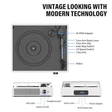Vinyl Record Player with 2 Stereo Speakers Belt-Driven Vintage Turntables 3 Speed 3 Size Wireless Bluetooth Playback AUX-in RCA Out Headphone LP Vinyl Players Auto Stop Fashion White