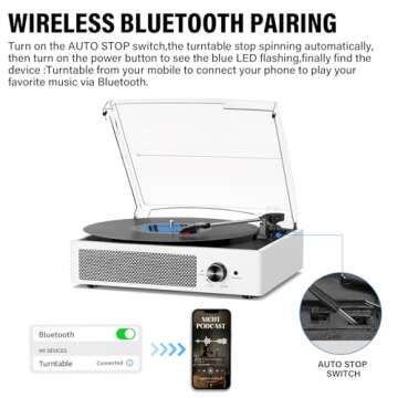 Vinyl Record Player with 2 Stereo Speakers Belt-Driven Vintage Turntables 3 Speed 3 Size Wireless Bluetooth Playback AUX-in RCA Out Headphone LP Vinyl Players Auto Stop Fashion White