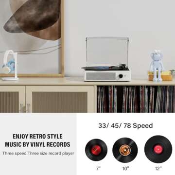 Vinyl Record Player with 2 Stereo Speakers Belt-Driven Vintage Turntables 3 Speed 3 Size Wireless Bluetooth Playback AUX-in RCA Out Headphone LP Vinyl Players Auto Stop Fashion White