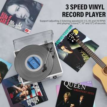 Vinyl Record Player with 2 Stereo Speakers Belt-Driven Vintage Turntables 3 Speed 3 Size Wireless Bluetooth Playback AUX-in RCA Out Headphone LP Vinyl Players Auto Stop Fashion White