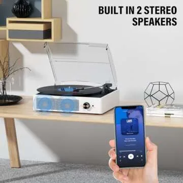 Vinyl Record Player with 2 Stereo Speakers Belt-Driven Vintage Turntables 3 Speed 3 Size Wireless Bluetooth Playback AUX-in RCA Out Headphone LP Vinyl Players Auto Stop Fashion White