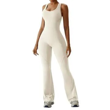 OEAK Womens Flare Jumpsuit with Bra Tummy Control Cutout Romper Workout Outfit Sleeveless Unitard One Piece Backless Bodysuit