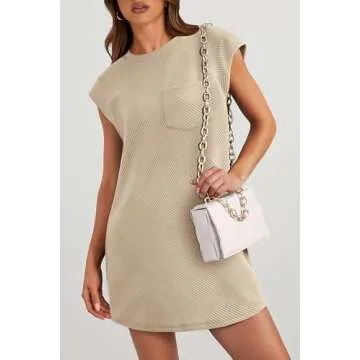 PRETTYGARDEN Women's Summer Short T Shirt Dress Cap Sleeve Crew Neck Casual Loose Basic Mini Dresses (Light Khaki,Small)