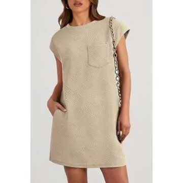 PRETTYGARDEN Women's Summer Short T Shirt Dress Cap Sleeve Crew Neck Casual Loose Basic Mini Dresses (Light Khaki,Small)