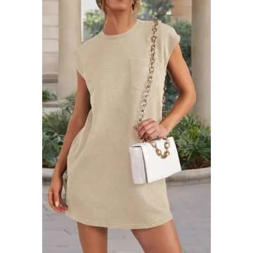 PRETTYGARDEN Women's Summer Short T Shirt Dress Cap Sleeve Crew Neck Casual Loose Basic Mini Dresses (Light Khaki,Small)