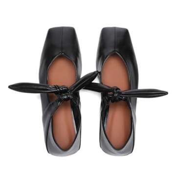 Riekhany Square Toe Ballet Flats for Women Bow Mary Jane Flats Slip On Dress Ballerina Shoes Black