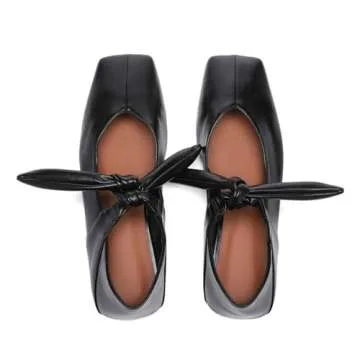 Riekhany Square Toe Ballet Flats for Women Bow Mary Jane Flats Slip On Dress Ballerina Shoes Black