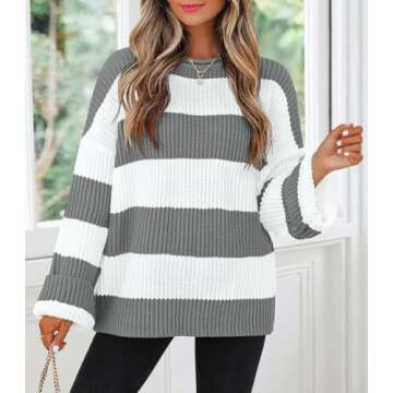 ZESICA Women's Fall Long Sleeve Crew Neck Striped Color Block Comfy Loose Oversized Knitted Pullover Sweater,Grey,Medium