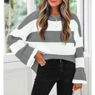 ZESICA Women's Fall Long Sleeve Crew Neck Striped Color Block Comfy Loose Oversized Knitted Pullover Sweater,Grey,Medium