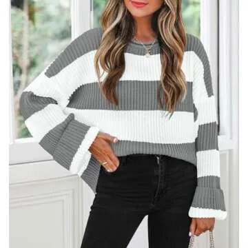 ZESICA Women's Fall Long Sleeve Crew Neck Striped Color Block Comfy Loose Oversized Knitted Pullover Sweater,Grey,Medium