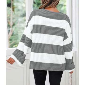 ZESICA Women's Fall Long Sleeve Crew Neck Striped Color Block Comfy Loose Oversized Knitted Pullover Sweater,Grey,Medium