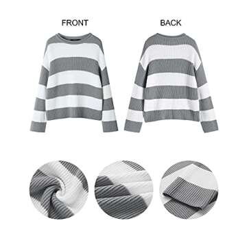 ZESICA Women's Fall Long Sleeve Crew Neck Striped Color Block Comfy Loose Oversized Knitted Pullover Sweater,Grey,Medium