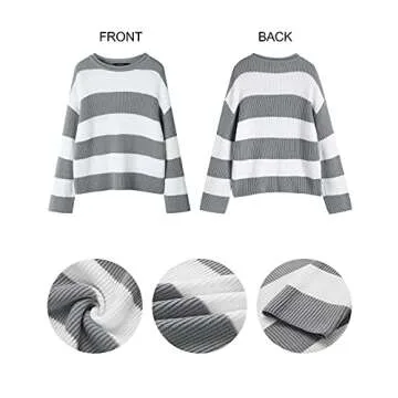 ZESICA Women's Fall Long Sleeve Crew Neck Striped Color Block Comfy Loose Oversized Knitted Pullover Sweater,Grey,Medium
