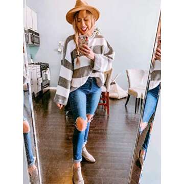 ZESICA Women's Fall Long Sleeve Crew Neck Striped Color Block Comfy Loose Oversized Knitted Pullover Sweater,Grey,Medium