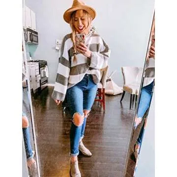 ZESICA Women's Fall Long Sleeve Crew Neck Striped Color Block Comfy Loose Oversized Knitted Pullover Sweater,Grey,Medium