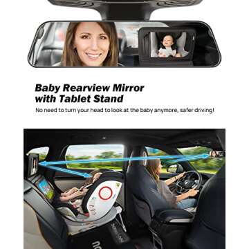 JOYTUTUS Baby Car Mirror with Tablet Holder, Adjustable Car Seat Mirror for Rear Facing Infant, Multifunctional Baby Mirror Car Organizer with Wide View Shatterproof
