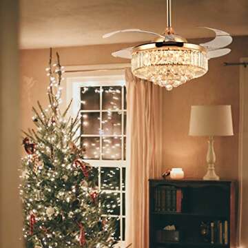 Siljoy 42 Inch Gold Fandelier Ceiling Fan with Light, Crystal Ceiling Fan with Lights and Remote, LE...