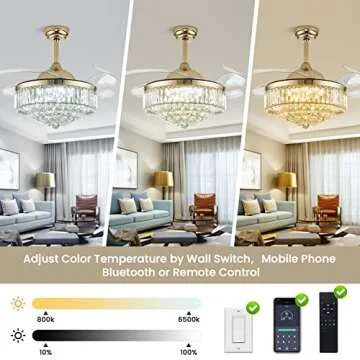 Siljoy 42 Inch Gold Fandelier Ceiling Fan with Light, Crystal Ceiling Fan with Lights and Remote, LED Dimmable Chandelier Fan with Invisible Reversible Fan Blades for Bedroom Living Room Dining Room