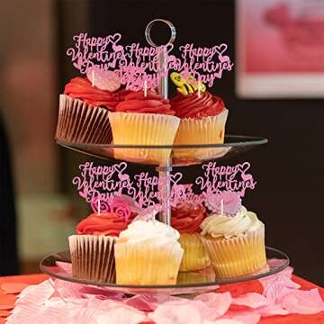 Happy Valentine's Day Cupcake Toppers - 24 Pack Glitter Decor