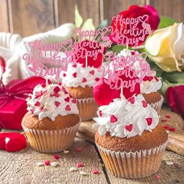 Happy Valentine's Day Cupcake Toppers - 24 Pack Glitter Decor