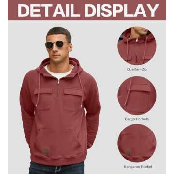 Lepunuo Men's Cargo Hoodies Quarter Zip Sweatshirts Tactical Pullover Casual Gym Athletic Loose Hood...