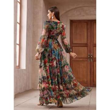 Summer Casual Women's Dresses 2024 Floral Print Lantern Sleeve Ruffle Tiered Hem Elegant Boho Vacati...