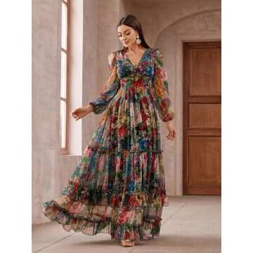 Summer Casual Women's Dresses 2024 Floral Print Lantern Sleeve Ruffle Tiered Hem Elegant Boho Vacation Party Long Maxi Dress