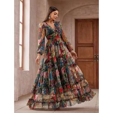 Summer Casual Women's Dresses 2024 Floral Print Lantern Sleeve Ruffle Tiered Hem Elegant Boho Vacation Party Long Maxi Dress