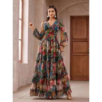 Summer Casual Women's Dresses 2024 Floral Print Lantern Sleeve Ruffle Tiered Hem Elegant Boho Vacation Party Long Maxi Dress