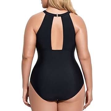Daci Plus Size One Piece Swimsuit for Women High Neck Plunge Mesh Cut Out Bathing Suits