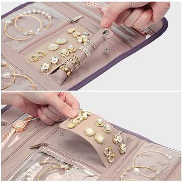 BELALIFE Travel Jewelry Case Organizer, Foldable Storage Roll for Earrings, Necklaces, Rings, Bracelets, Brooches, Purple