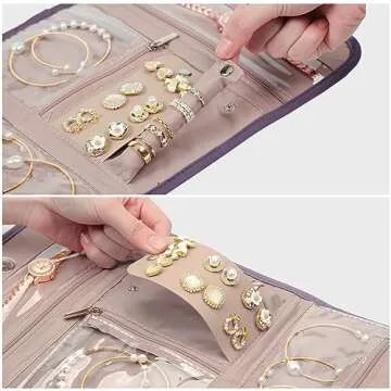 BELALIFE Travel Jewelry Case Organizer, Foldable Storage Roll for Earrings, Necklaces, Rings, Bracelets, Brooches, Purple