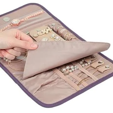 BELALIFE Travel Jewelry Case Organizer, Foldable Storage Roll for Earrings, Necklaces, Rings, Bracelets, Brooches, Purple