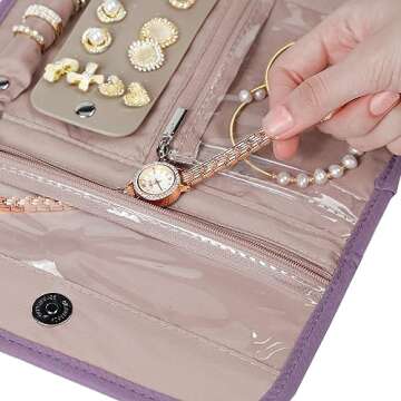 BELALIFE Travel Jewelry Case Organizer, Foldable Storage Roll for Earrings, Necklaces, Rings, Bracelets, Brooches, Purple
