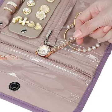 BELALIFE Travel Jewelry Case Organizer, Foldable Storage Roll for Earrings, Necklaces, Rings, Bracelets, Brooches, Purple