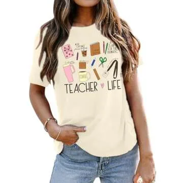 QAUN Teacher Life Shirt Women: Teacher Graphic Tshirt Teacher Shirt Teacher Gift Tees Short Sleeve Tops(Apricot, Medium)