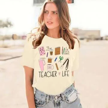QAUN Teacher Life Shirt Women: Teacher Graphic Tshirt Teacher Shirt Teacher Gift Tees Short Sleeve Tops(Apricot, Medium)