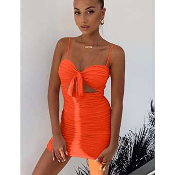 BORIFLORS Women's Sexy Bodycon Cut Out Ruched Backless Spaghetti Strap Mini Club Party Dresses, Large, Orange