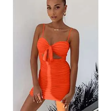BORIFLORS Women's Sexy Bodycon Cut Out Ruched Backless Spaghetti Strap Mini Club Party Dresses, Large, Orange