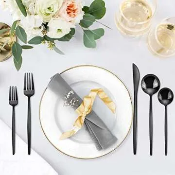 Black Silverware Set, KassKa 40 Pieces Flatware Cutlery Set, Stainless Steel Utensils Set Spoon Fork Knives Set for Home Restaurant and Kitchen, Mirror Polished Finished, Service for 8