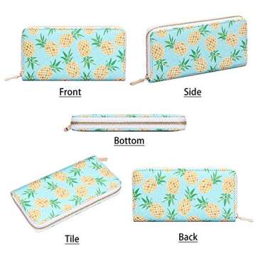 KUKOO Women’s Printed Zip Around Wallet Phone Clutch Purse Card Holder Organizer PINEAPPLE