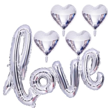 5 Pcs Silver Heart Shaped Balloons for Valentine’s Day Wedding Party Decorations