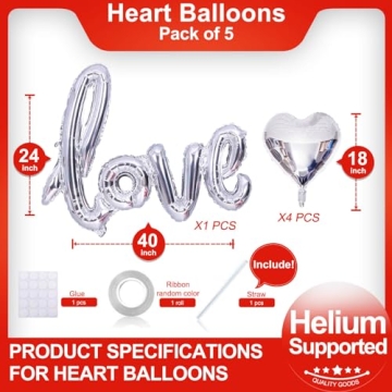 5 Pcs Silver Heart Shaped Balloons for Valentine’s Day