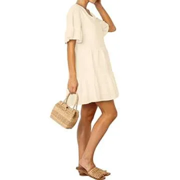 FANCYINN Womens Cute Shift Dress Short Bell Sleeve Ruffle Hem V Neck Loose Swing Tunic Mini Dress wi...