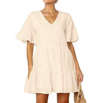FANCYINN Womens Cute Shift Dress Short Bell Sleeve Ruffle Hem V Neck Loose Swing Tunic Mini Dress with Pockets Beige L