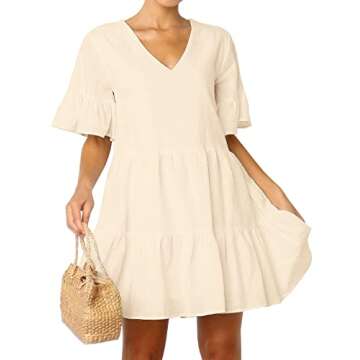 FANCYINN Womens Cute Shift Dress Short Bell Sleeve Ruffle Hem V Neck Loose Swing Tunic Mini Dress with Pockets Beige L