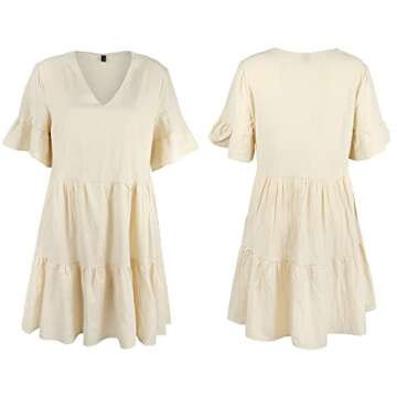 FANCYINN Womens Cute Shift Dress Short Bell Sleeve Ruffle Hem V Neck Loose Swing Tunic Mini Dress with Pockets Beige L
