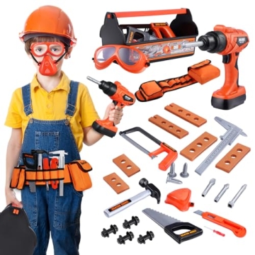 iBaseToy Kids Tool Set - 32 PCS Toddler Tool Set with Tool Box & Electronic Toy Drill, Pretend Play ...